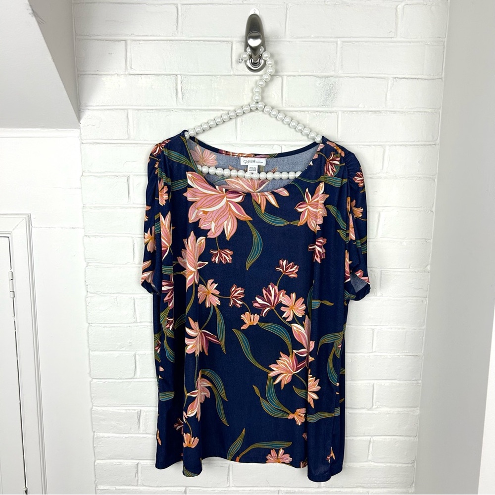 Jaclyn Smith Collection Stretch Knit Dark Floral Short Sleeve Top Size XXL